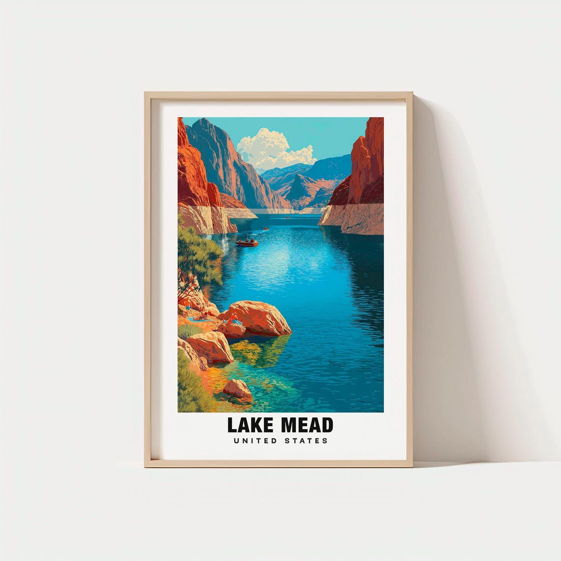 Lake Mead Desert Reservoir Red Canyon Cliffs Boating Scene Poster