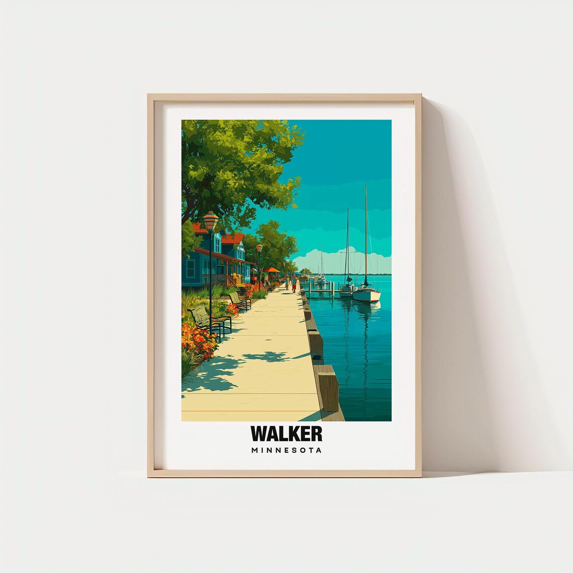Walker Minnesota Lakeside Boardwalk Sailboats Summer Travel Poster