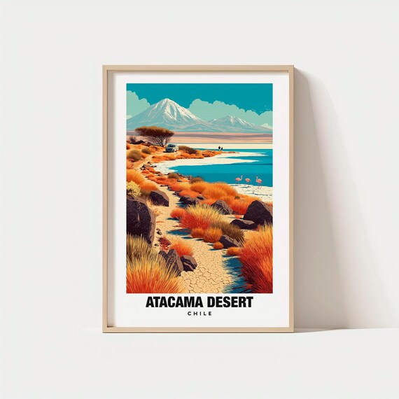 Atacama Desert Chile Salt Flat Flamingos and Volcano Views Travel Poster