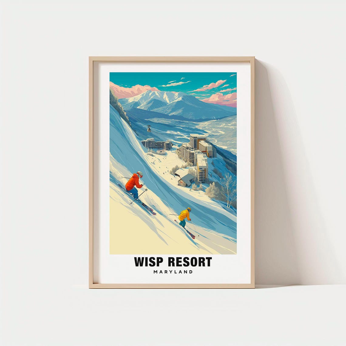 Wisp Resort Maryland Skiers Mountain Village Vintage Travel Poster