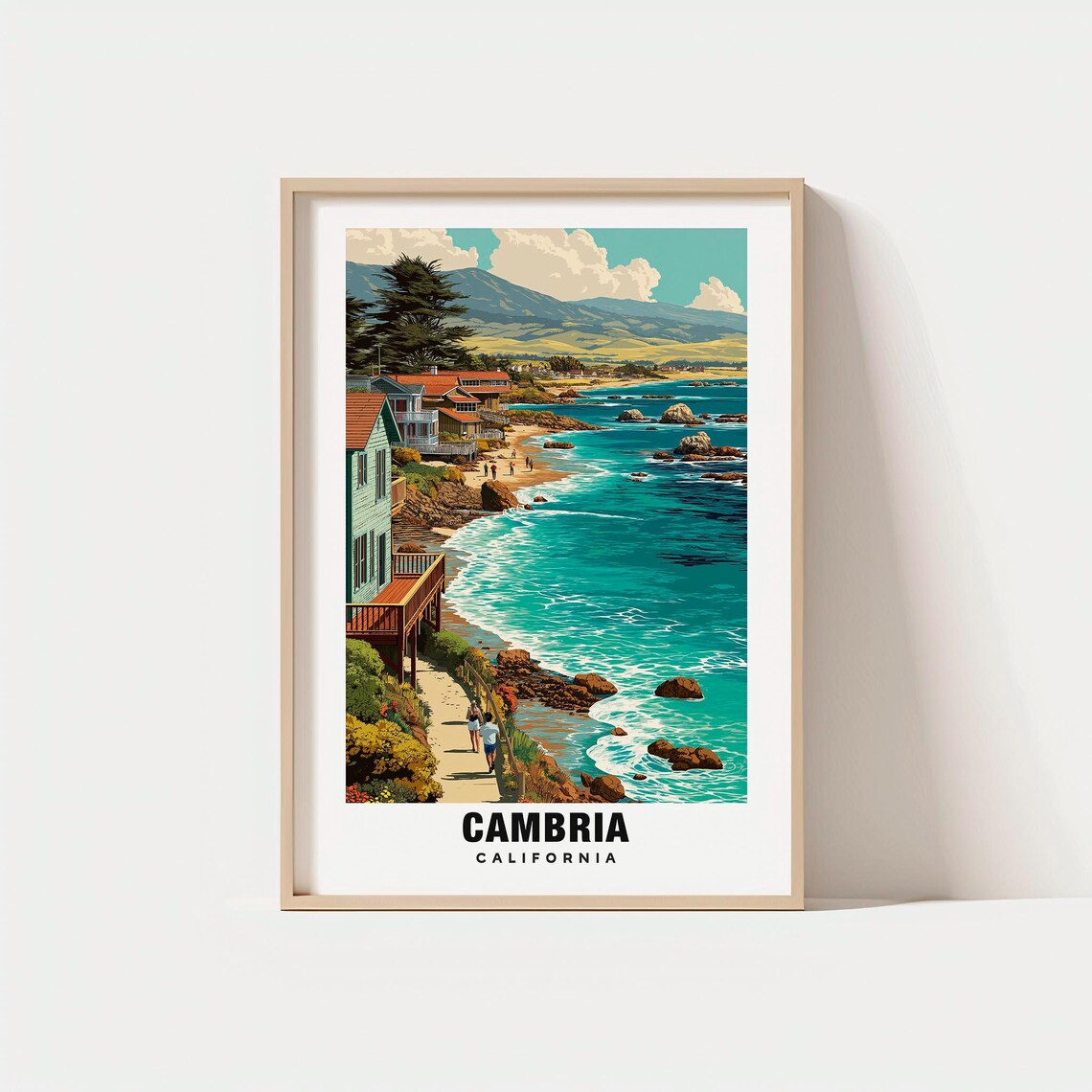 Cambria California Coastal Cottage Shoreline Vintage Travel Poster