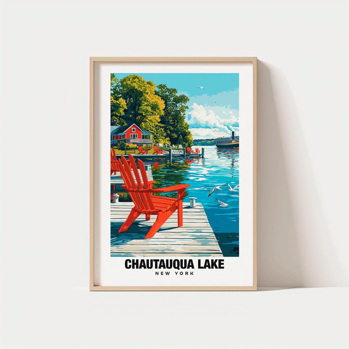 Chautauqua Lake New York Dock Chair Cottage Vintage Travel Poster