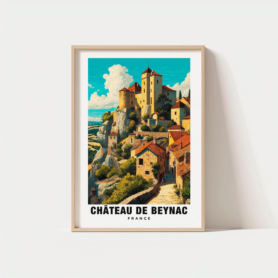 Château de Beynac France Medieval Castle Cliff Vintage Travel Poster