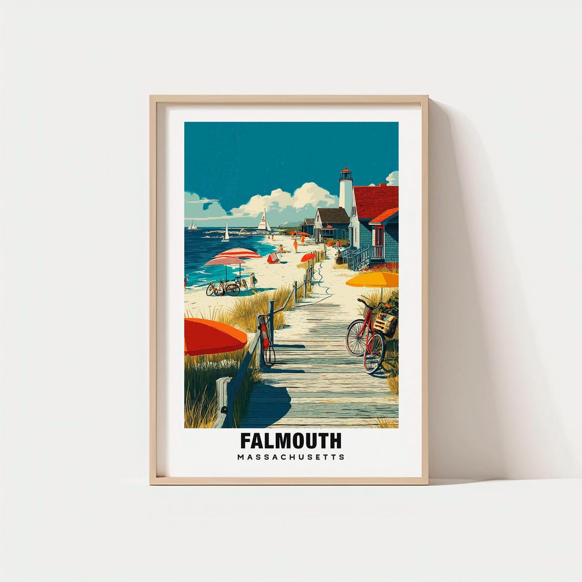 Falmouth Massachusetts Boardwalk Beach Lighthouse Coastal Poster