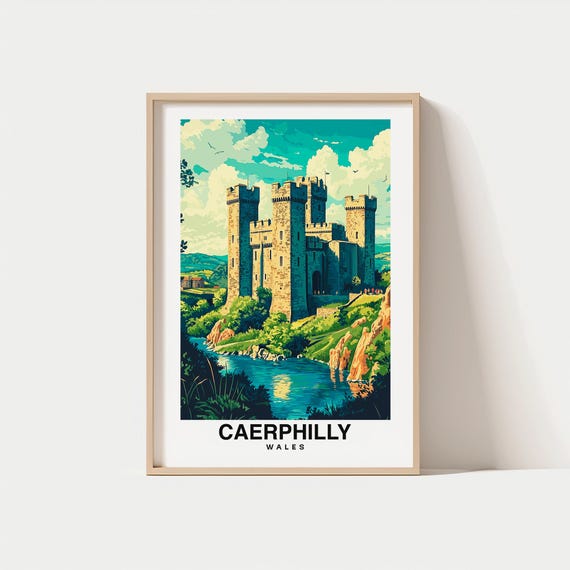 Caerphilly Print Travel Poster Welsh Art Historic Castle Scenic Views Cultural Heritage Vibrant Town Medieval Architecture Wales