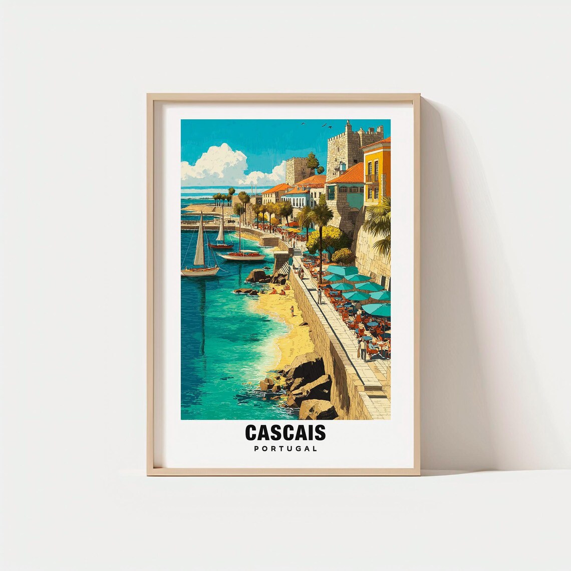 Cascais Portugal Cliff Castle Sailboat Beach Umbrellas Travel Poster
