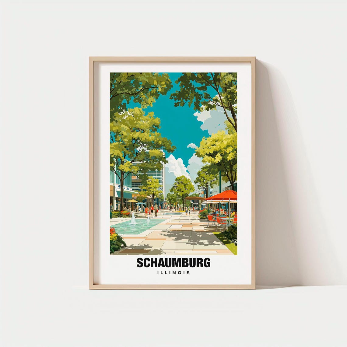 Schaumburg Illinois Plaza Fountain Trees Vintage Travel Poster