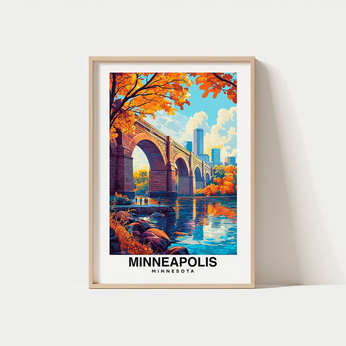 Minneapolis Print Usa Poster Travel Wall Art Scenic View City Skyline Mississippi River Stone Arch Bridge Urban Decor Travel Poster