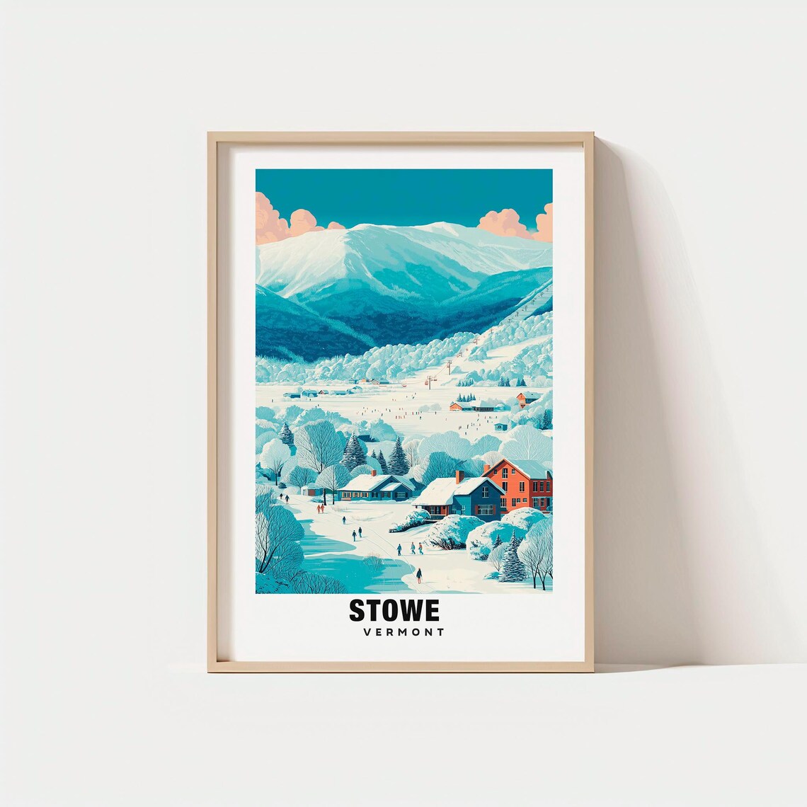 Stowe Vermont Snowy Mountain Ski Village Vintage Travel Poster