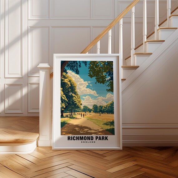 Richmond Park London Sunlit Woodland Path with Grazing Deer Poster