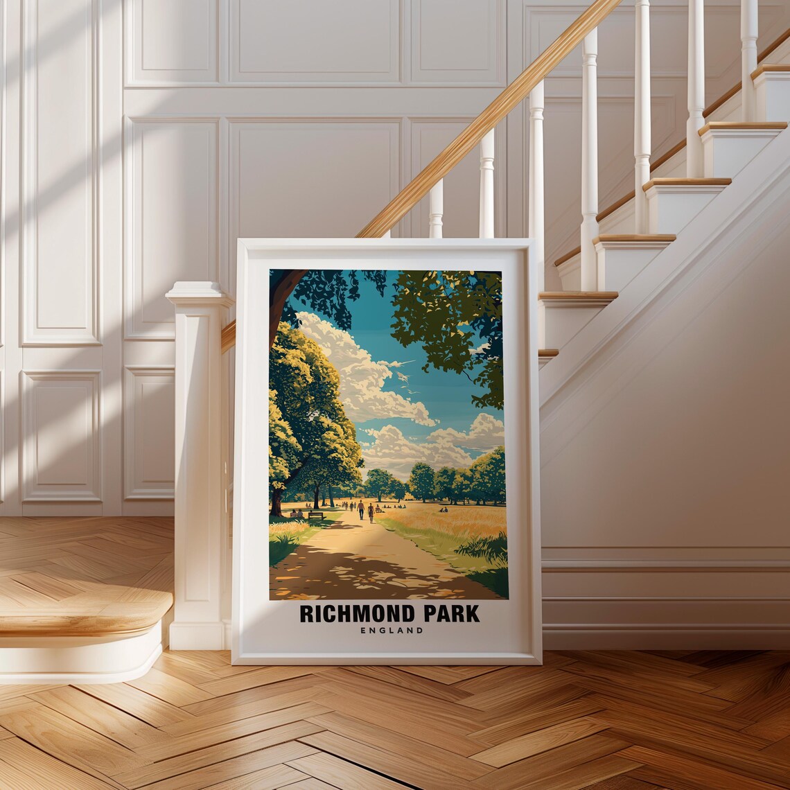 Richmond Park London Sunlit Woodland Path with Grazing Deer Poster