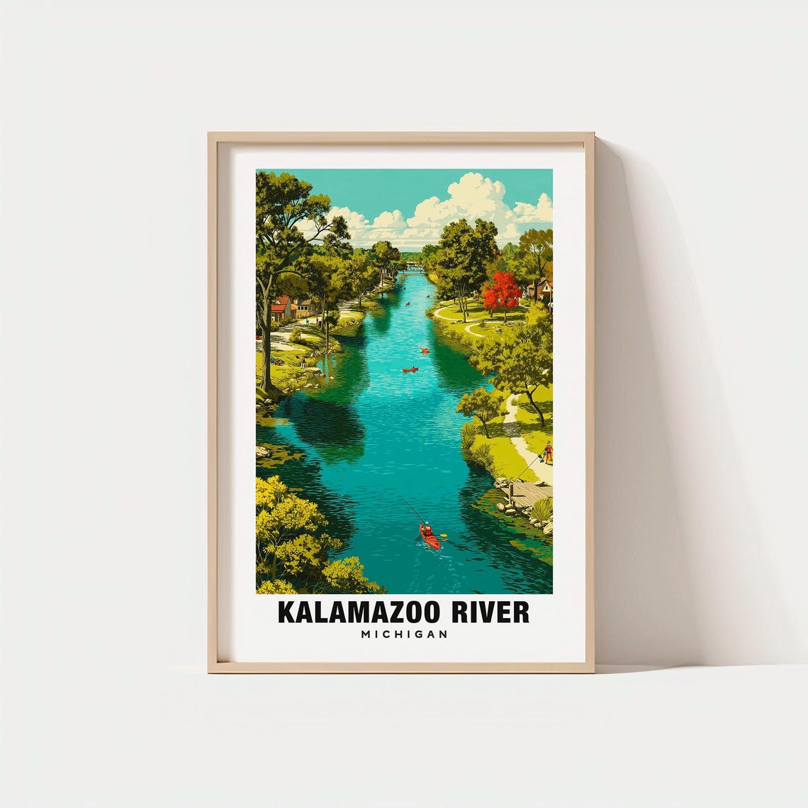 Kalamazoo River Michigan Kayaks Tree Lined Riverside Park Poster