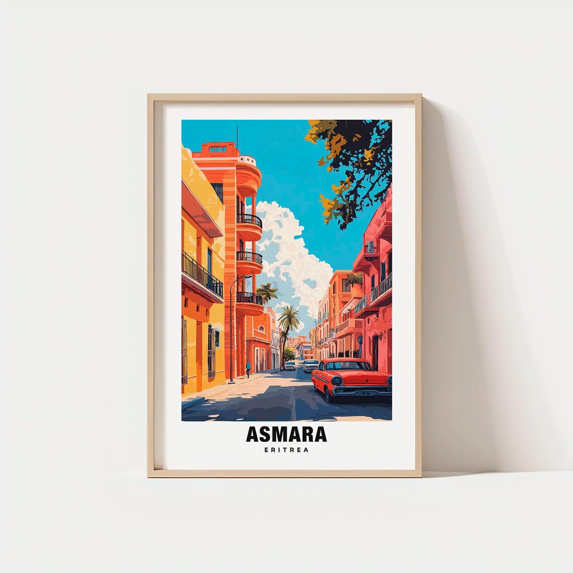 Asmara Eritrea Colonial Street Orange Buildings Vintage Car Poster