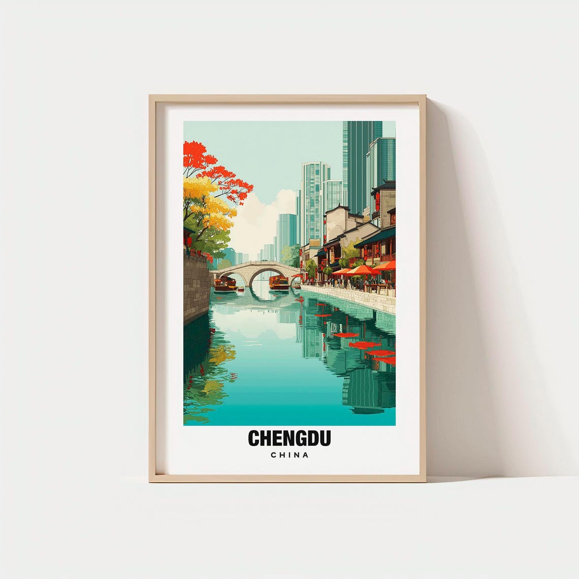 Chengdu China Ancient Canal Bridge Lantern Old Street Scene Poster