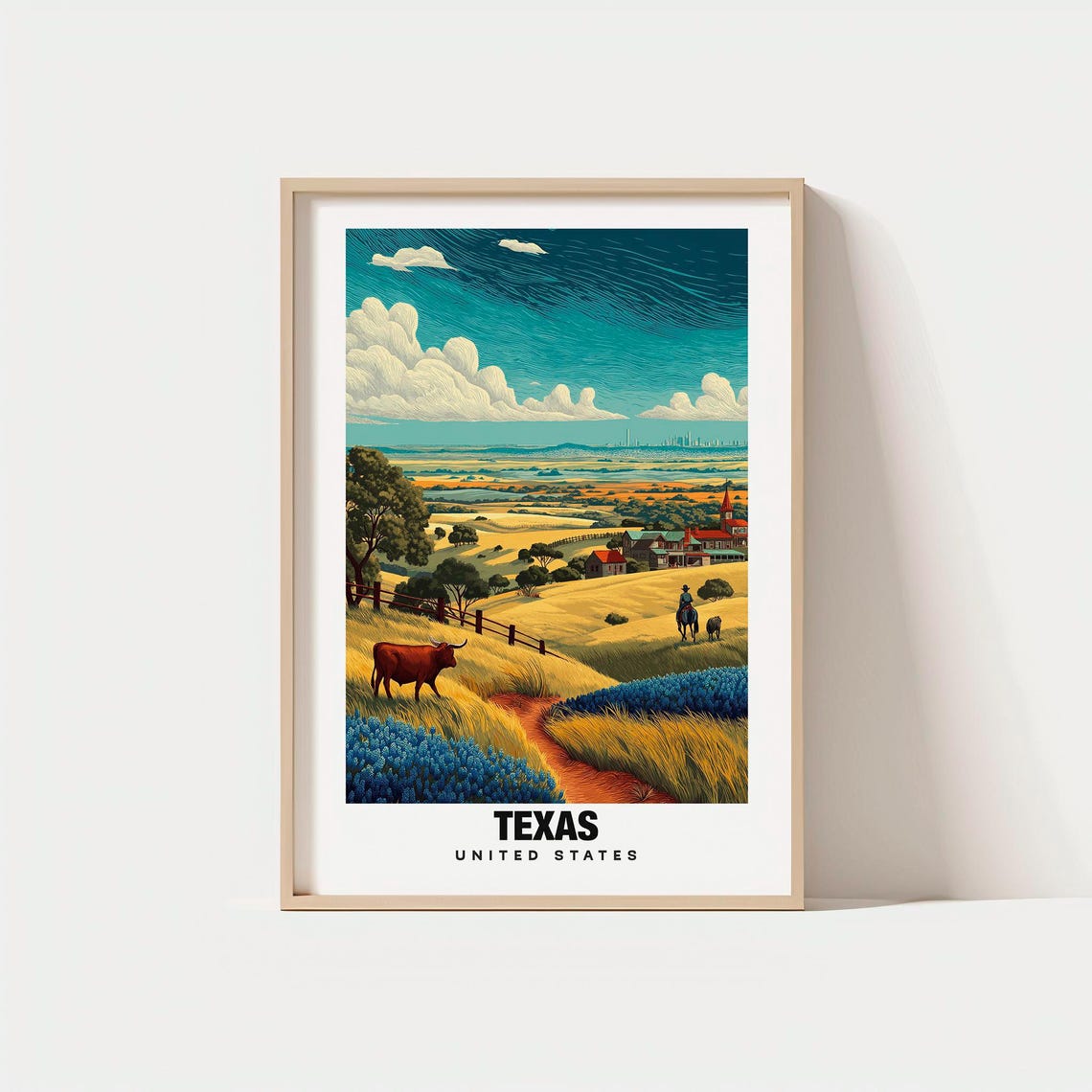 Texas Hill Country Ranch Longhorn Bluebonnets Vintage Travel Poster