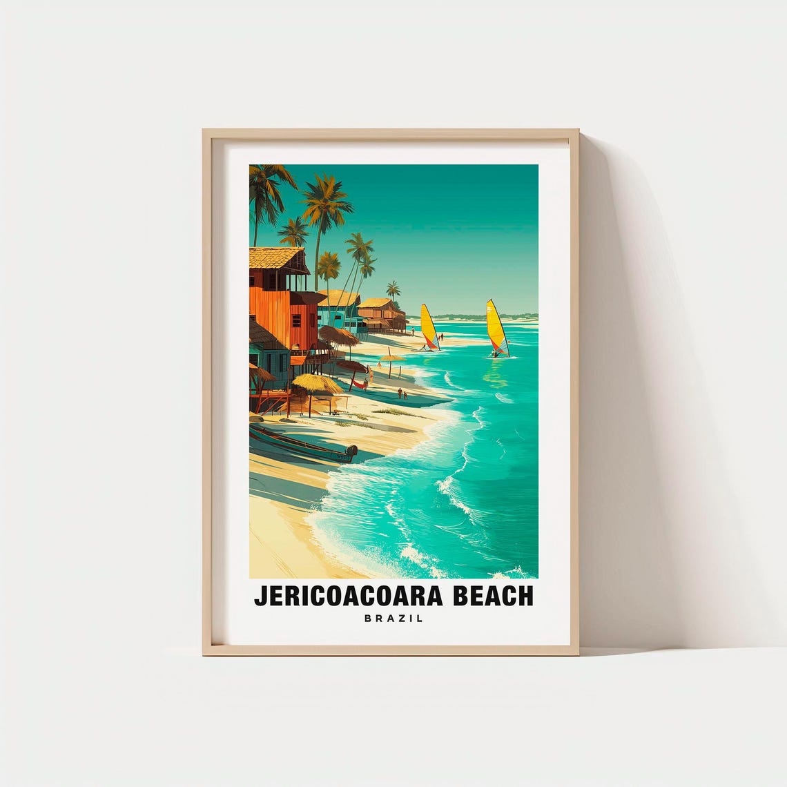 Jericoacoara Beach Brazil Windsurfers Palm Huts Sunset Travel Poster