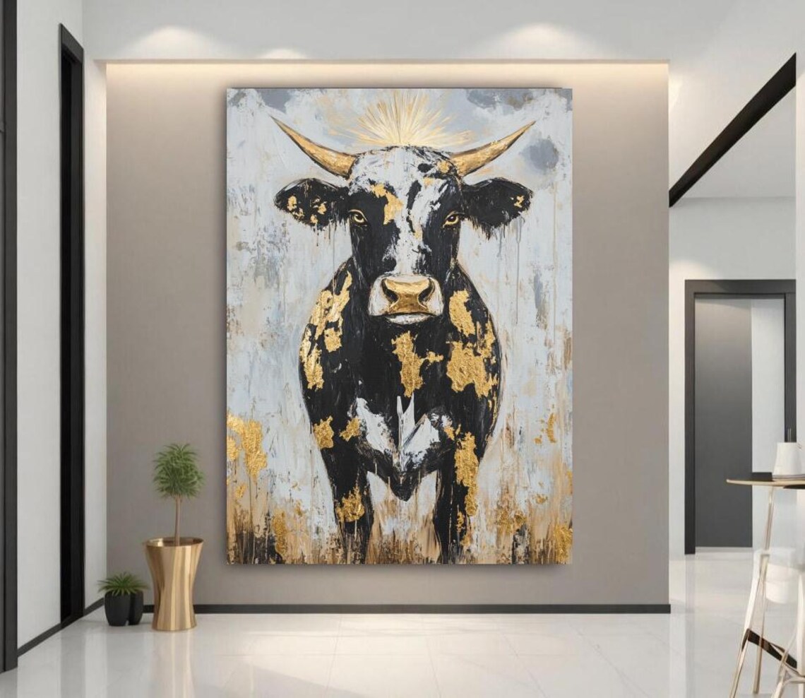 Black and Gold Highland Cow Longhorn Abstract Modern Art Poster