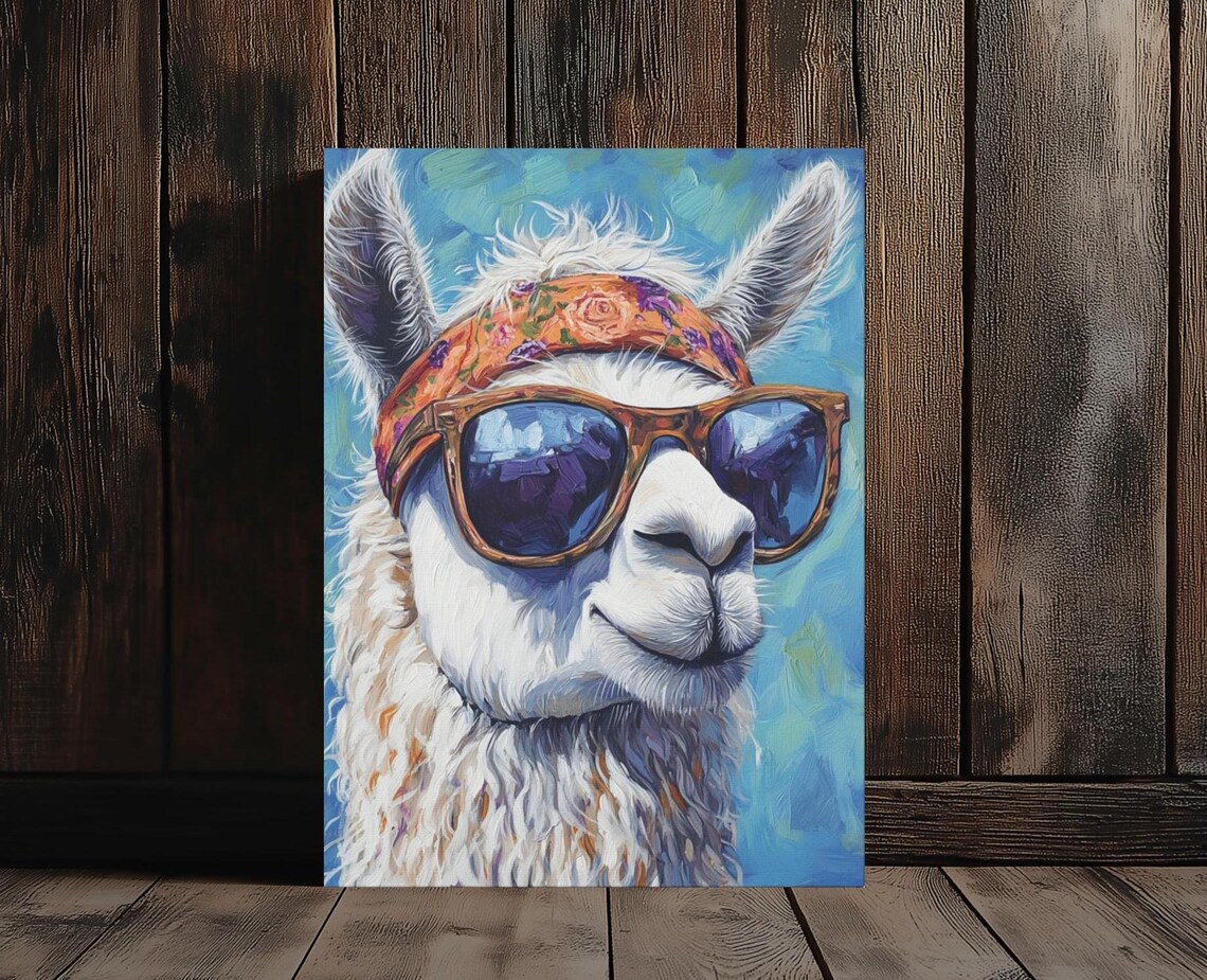 Cool Llama Wearing Sunglasses Floral Headband Funky Animal Art Poster