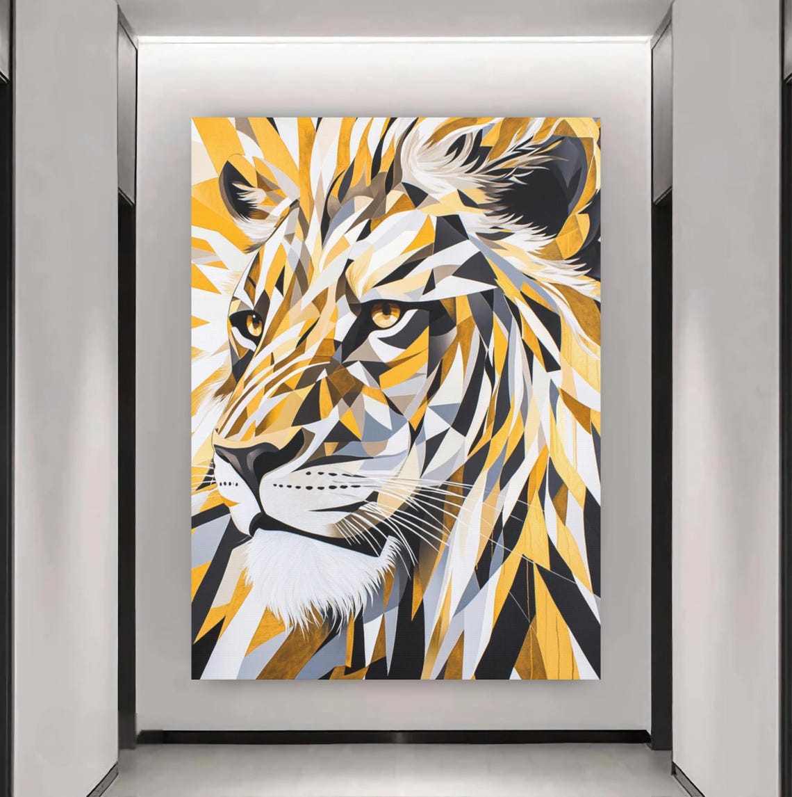 Geometric Lion Face Abstract Gold and Grey Modern Wildlife Print