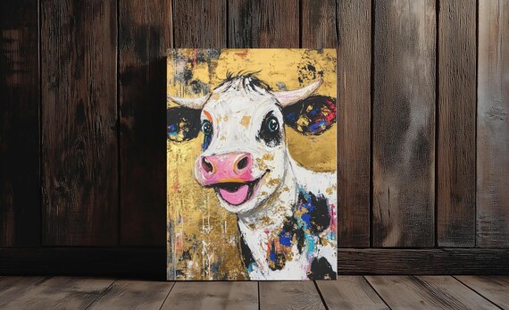 Happy Cow Wall Art Colorful Farm Animal Canvas Gold Rustic Barn Decor Funny Painting For Kitchen Whimsical Country Poster