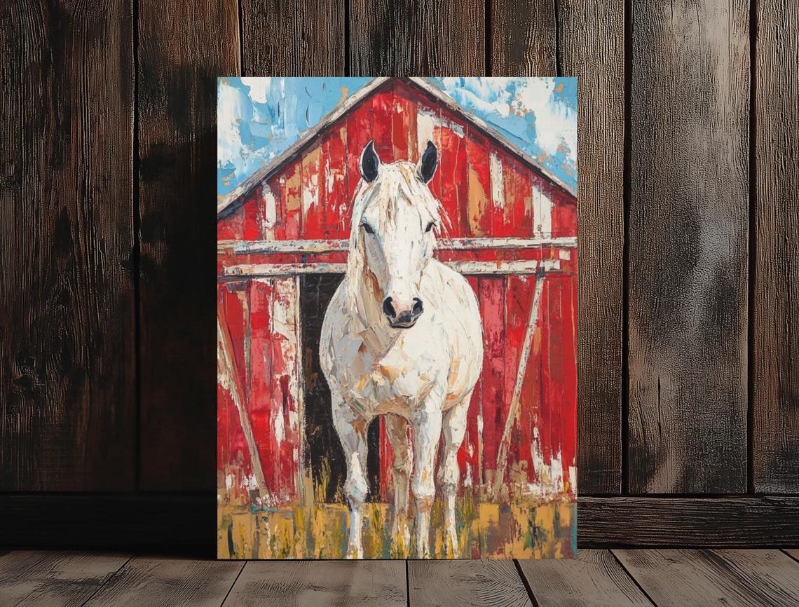 White Horse Red Barn Rustic Farmhouse Animal Painting Wall Art