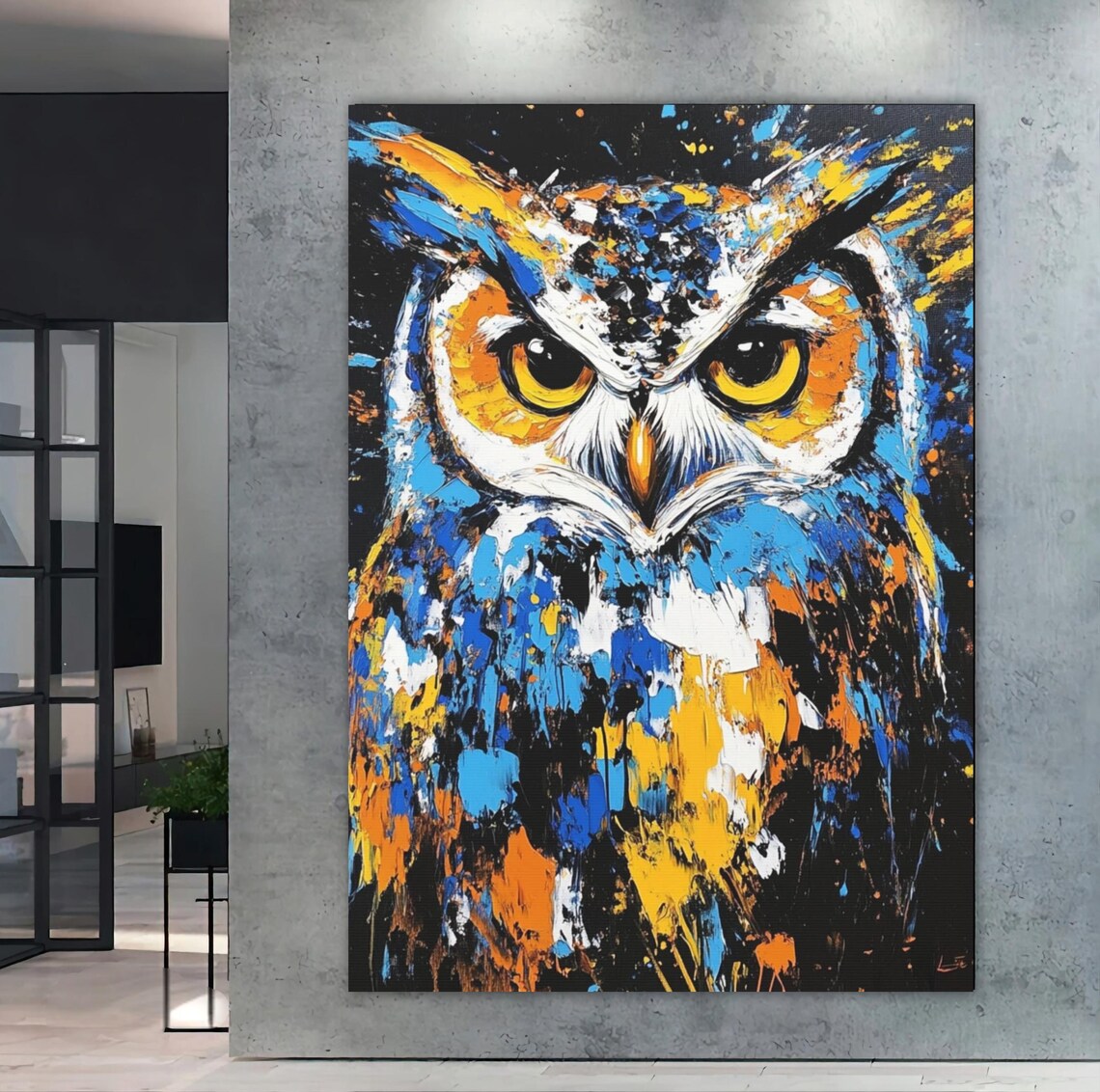 Vibrant Abstract Owl Painting Bold Blue Orange Wildlife Wall Art