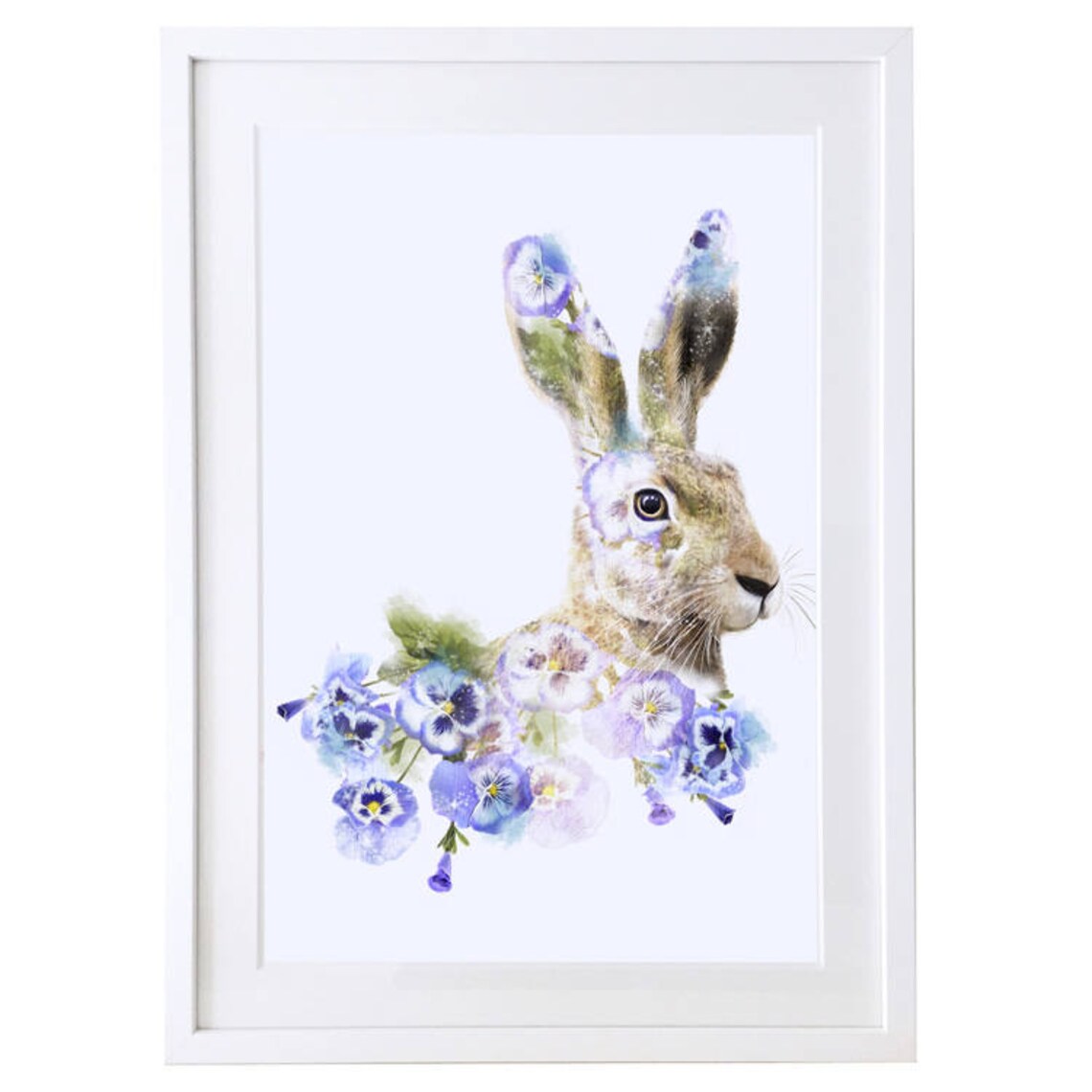 Hare with Purple Pansies Watercolor Wildlife Art Print Framed