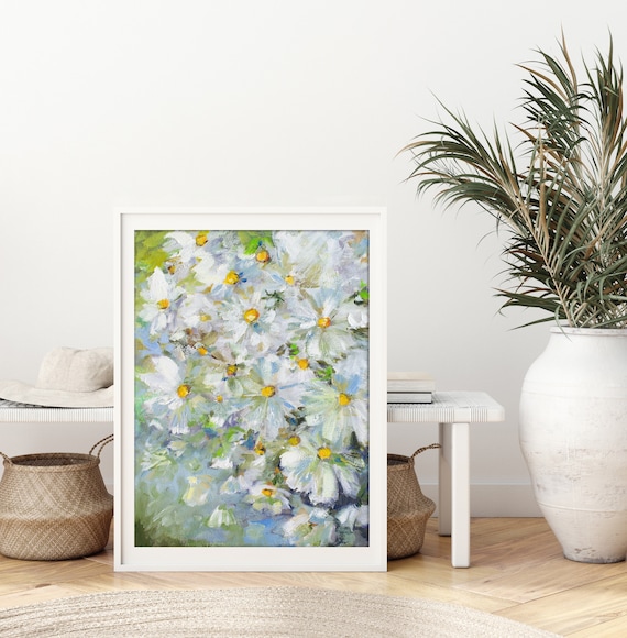 White Cosmos Daisies Yellow Centers Summer Garden Flower Poster