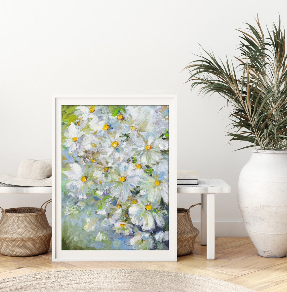 White Cosmos Daisies Yellow Centers Summer Garden Flower Poster