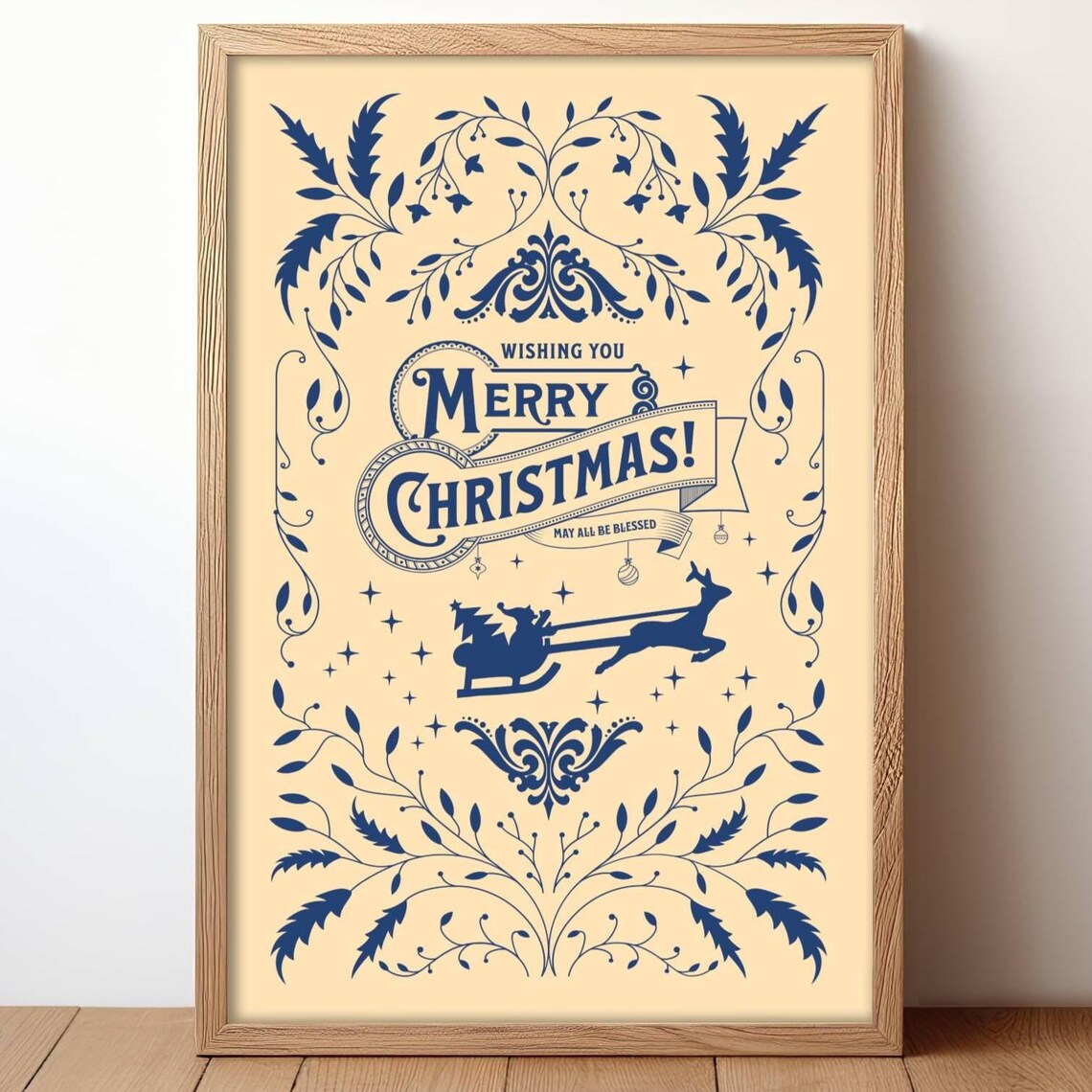 Wishing You Merry Christmas Vintage Santa Sleigh Holiday Typography Poster