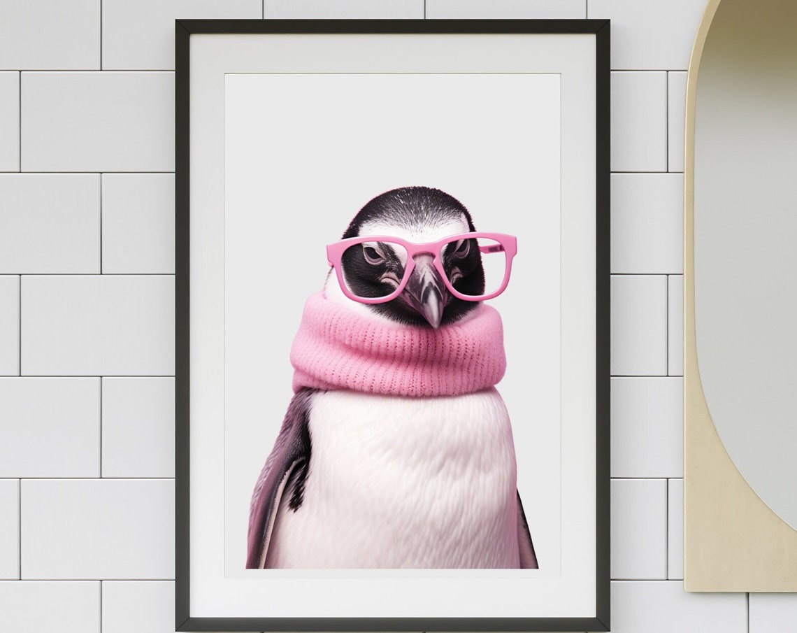 Cute Funny Penguin with Glasses Black and White Nursery Poster