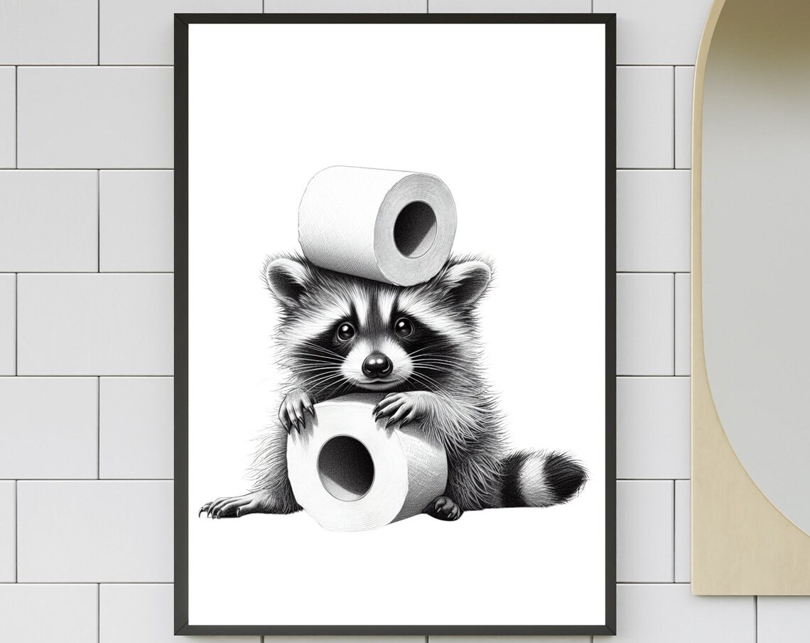 Raccoon Toilet Paper Art Print, Kids Bathroom Decor
