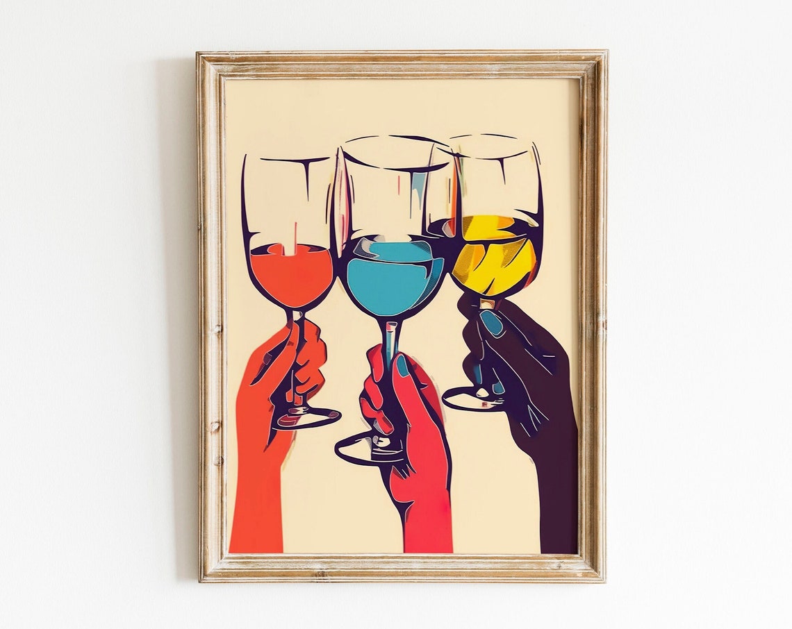 Colorful Pop Art Hands Clinking Wine Glasses Cheers Bar Poster