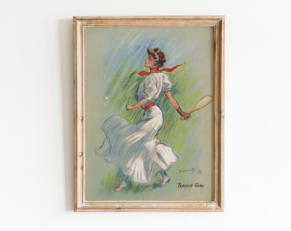 Tennis Girl Vintage Illustration Retro Sports Art Print Wall Decor