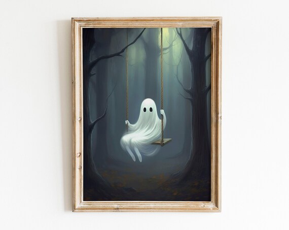 Cute Ghost on a Swing in a Misty Forest Halloween Painting Poster
