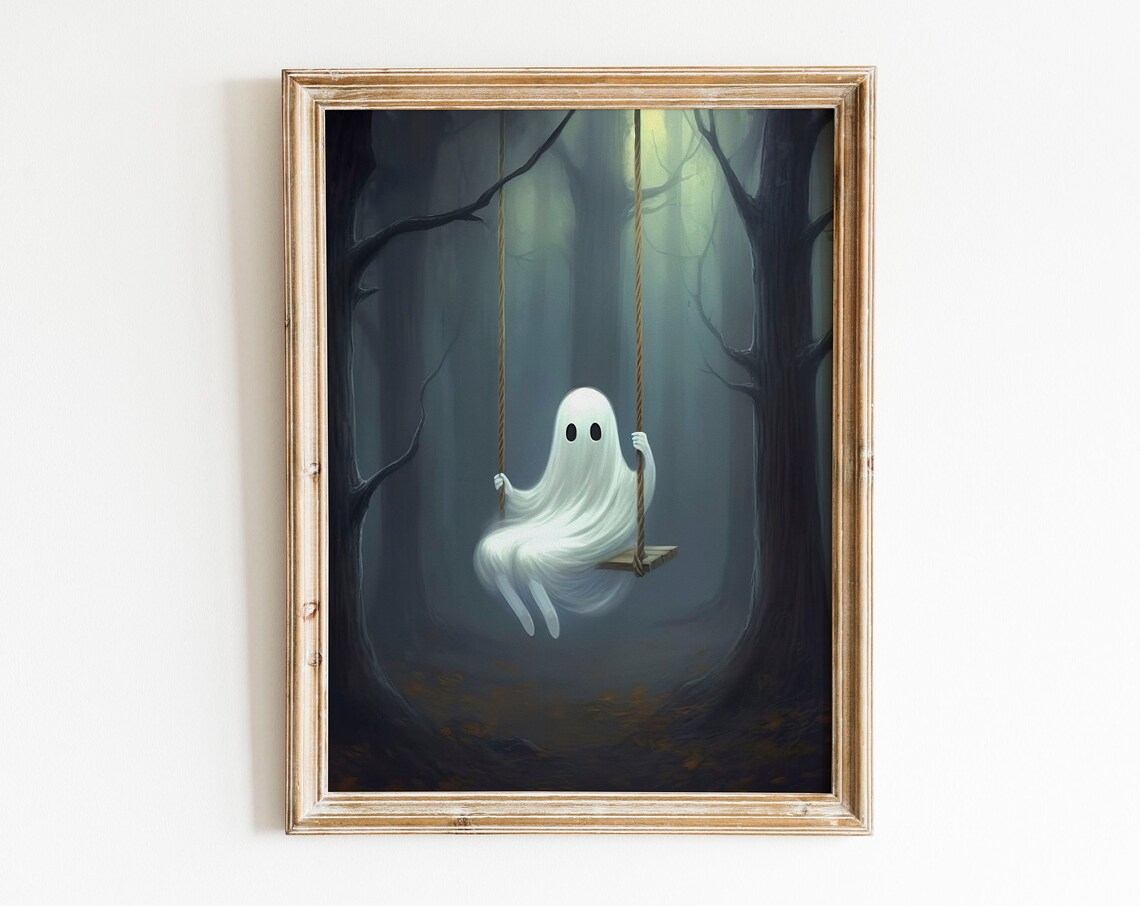 Cute Ghost on a Swing in a Misty Forest Halloween Painting Poster
