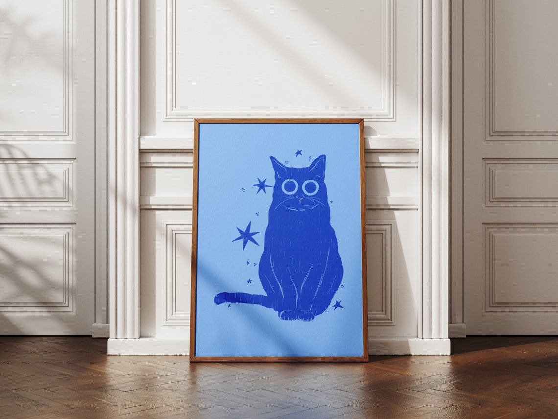 Midnight Blue Cat Stars Celestial Whimsical Cat Lover Art Poster - Image 3