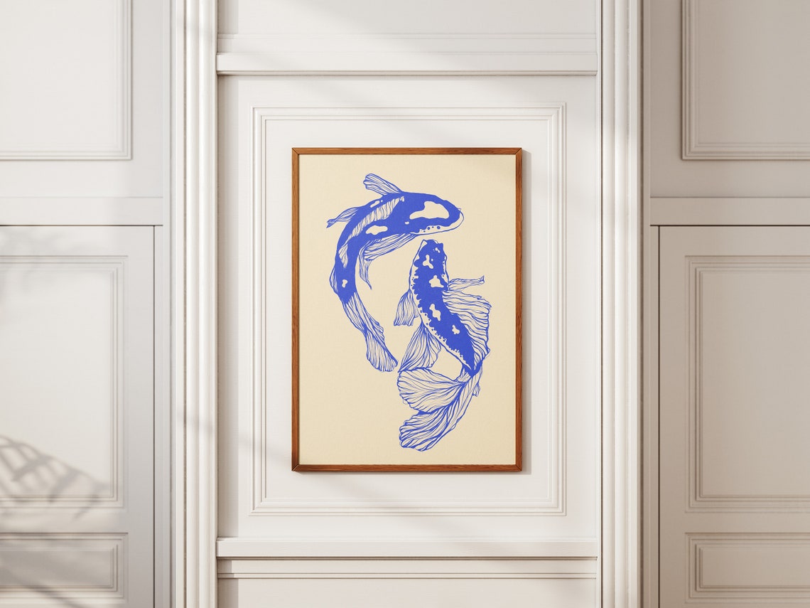 Blue Koi Fish Pair Swimming Cream Japanese Style Minimal Art Poster - Image 2