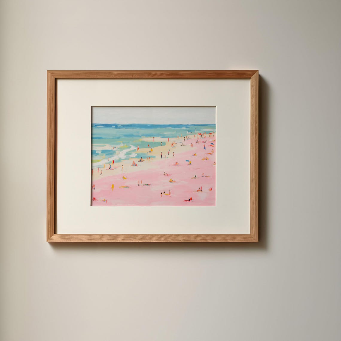 Pink Beach Crowd Turquoise Ocean Summer Vacation Painting Wall Art - Image 2