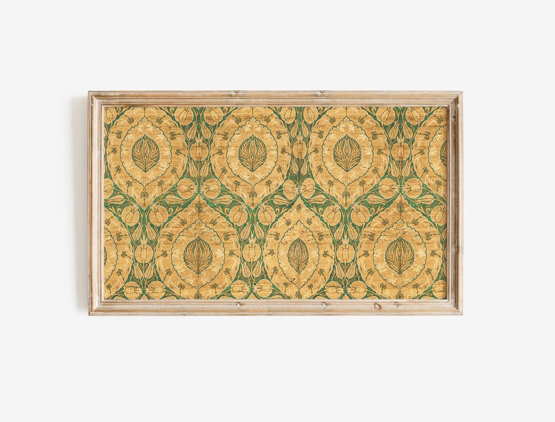 Gold Green Victorian Botanical Textile Pattern Heritage Wall Art - Image 3