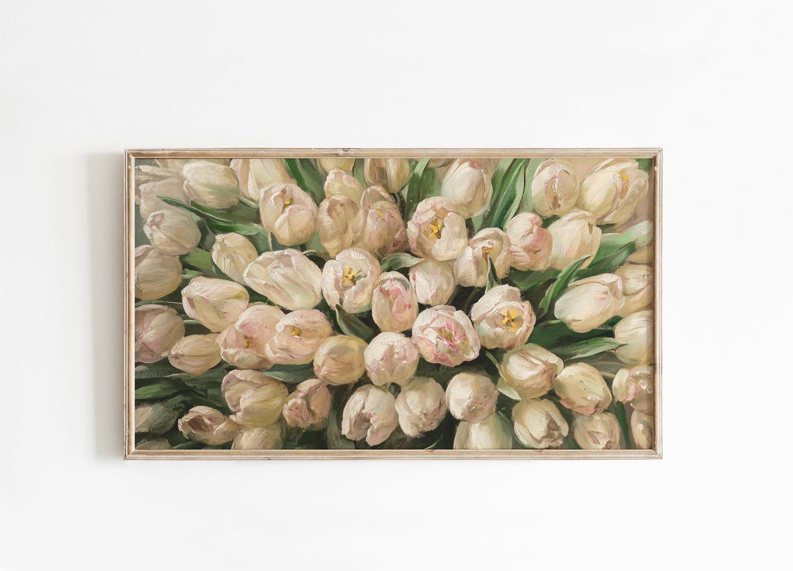 White Tulips Dense Bloom Spring Floral Oil Painting Botanical Wall Art
