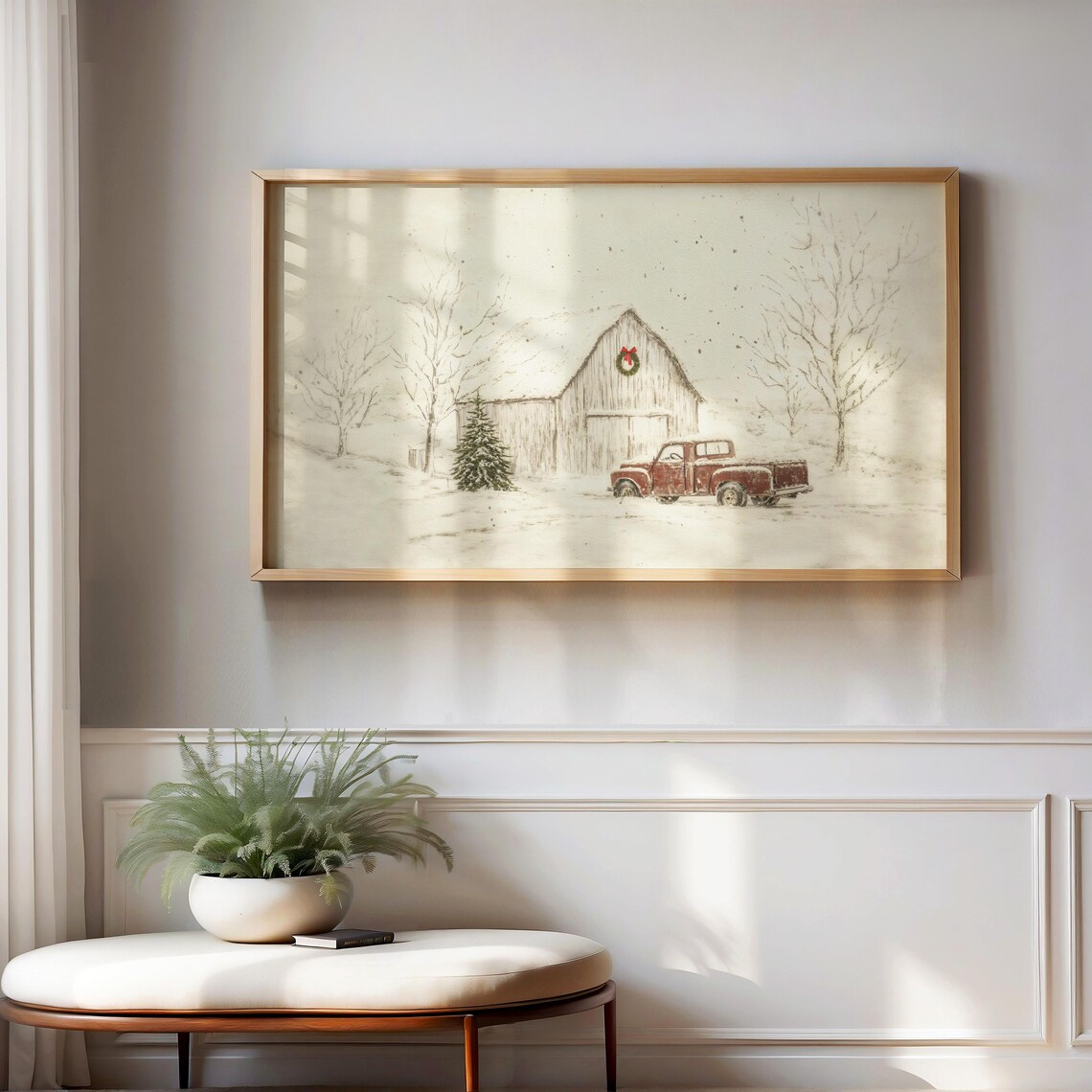 Vintage Red Truck and Barn in Snow Christmas Farmhouse Wall Art - Image 2