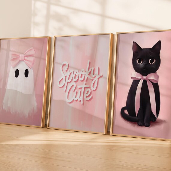 Pink Halloween Wall Art Set Spooky Cute Cat Prints Pastel Goth Decor Girls Room Poster Trio