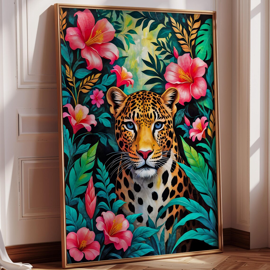 Leopard Jungle Botanical Art, Boho Wildlife Print