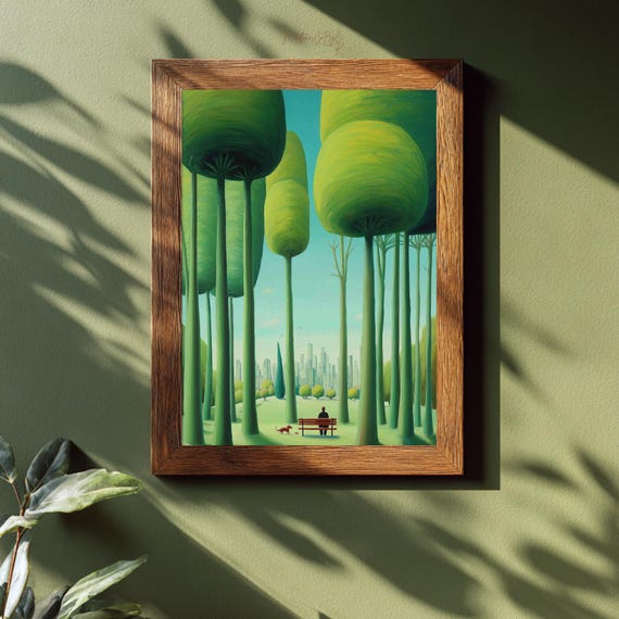 Contemporary Whimsical Landscape Wall Art Oversized Green Trees Red Bench Urban Park Painting Modern Nature Decor Print Gift For Him