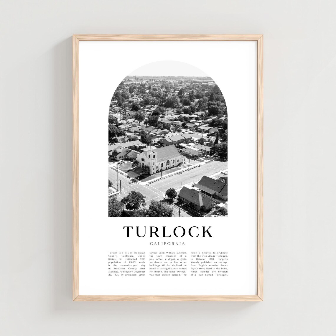 Turlock California Black and White Aerial Suburban Streets Poster