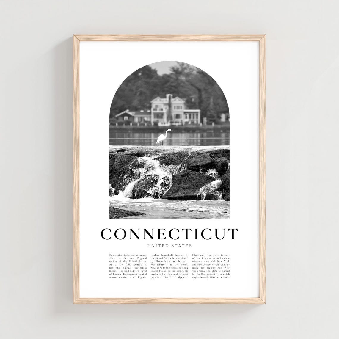 Connecticut Lakeside Heron Waterfall Black White Photo Poster