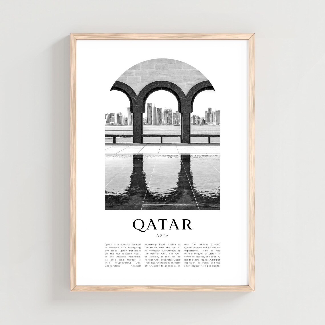 Qatar Asia Stone Arches Doha Skyline Black And White Photo Poster