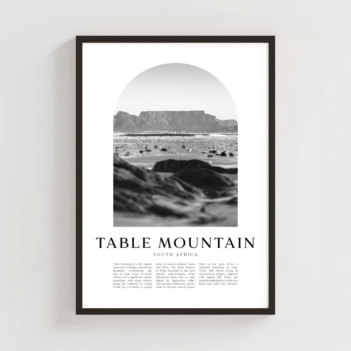 Table Mountain South Africa Black and White Coastal View Poster