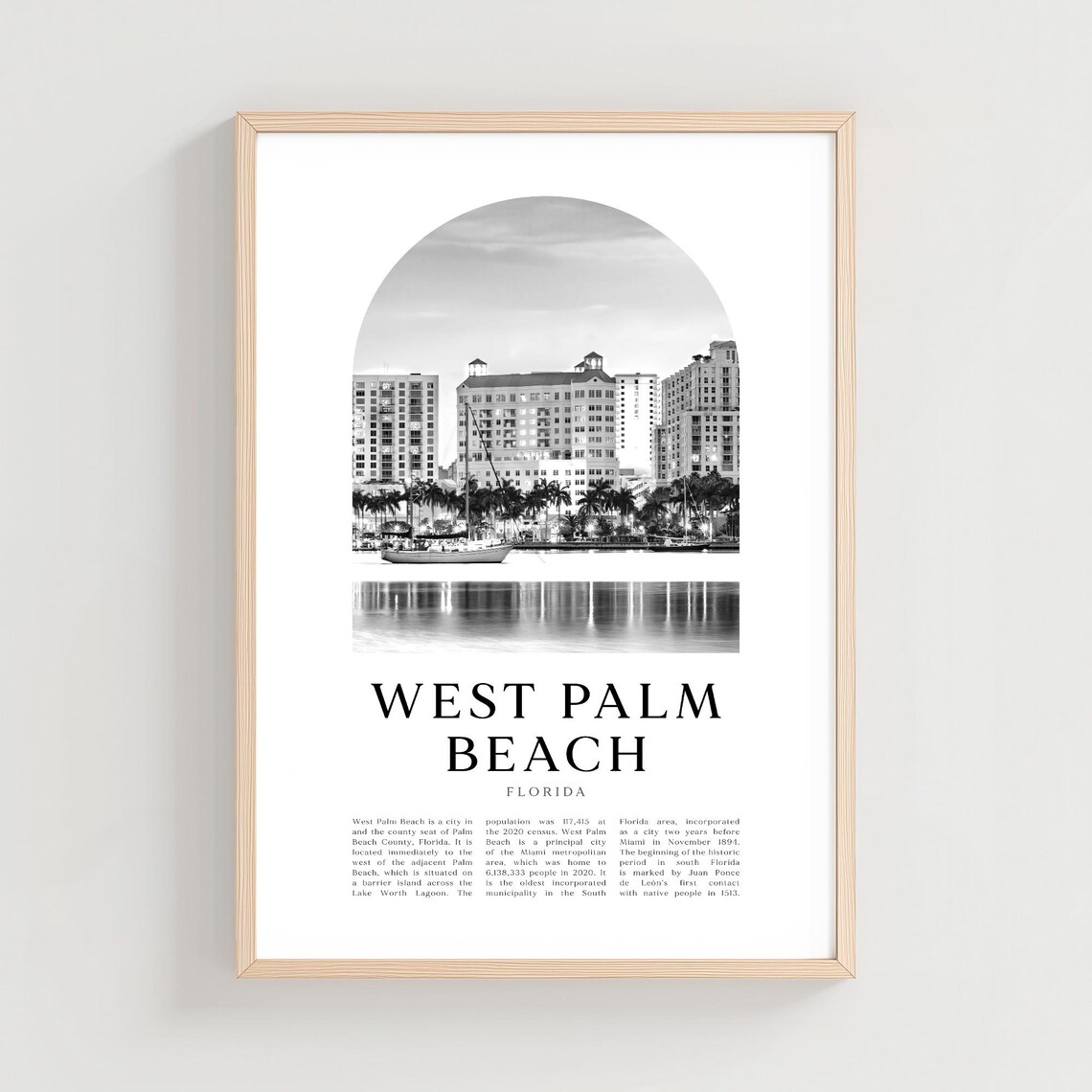 West Palm Beach Florida Waterfront Buildings Palms Black White Poster